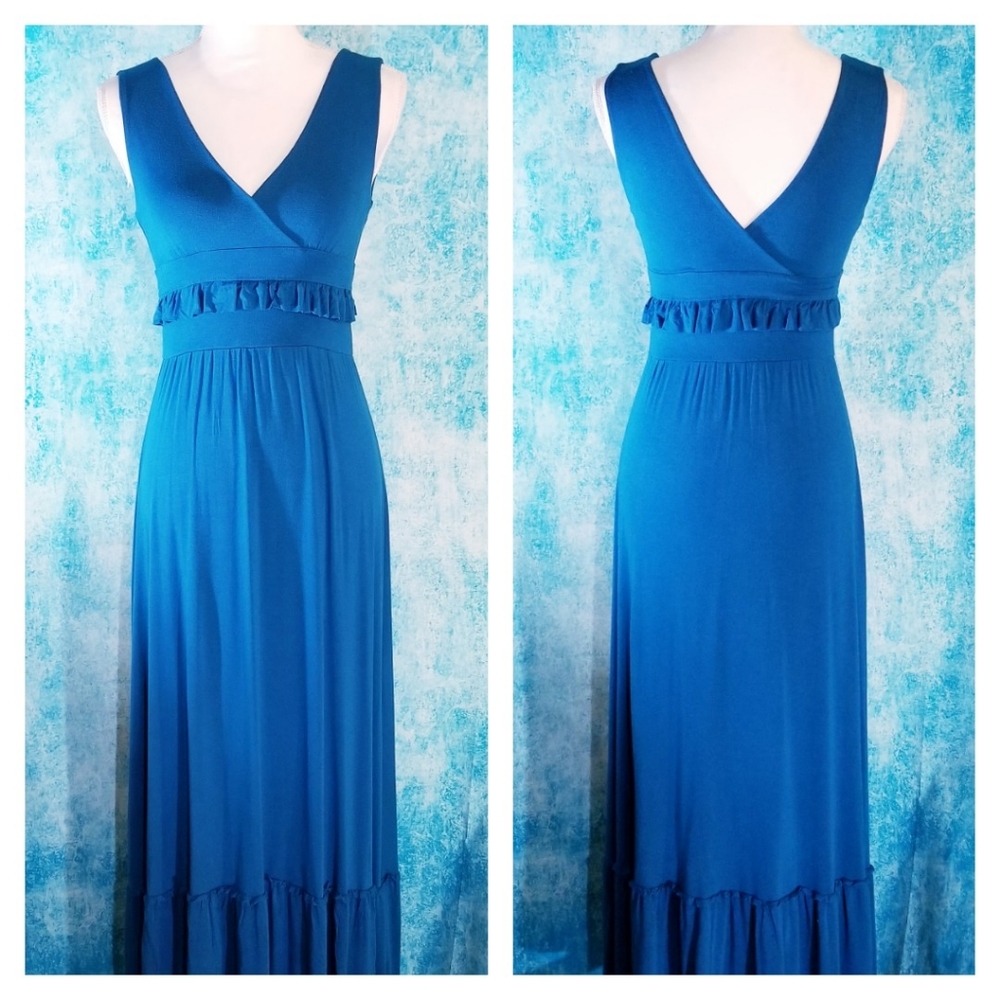 Anthro C. Keer Sea Drift Ruffled Blue Maxi Dress